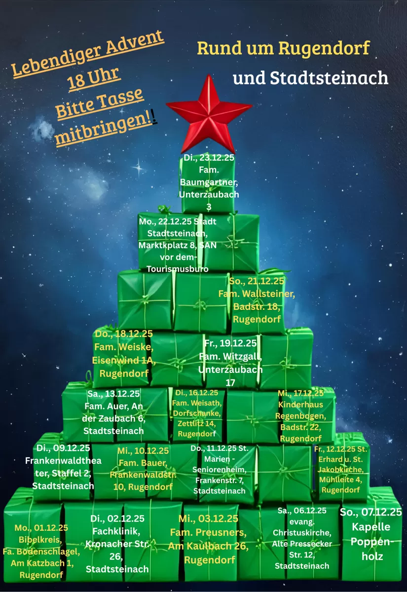 Tannenbaum mit Adressen als Geschenke an denen der lebendige Adventskalender gefeiert wird.
