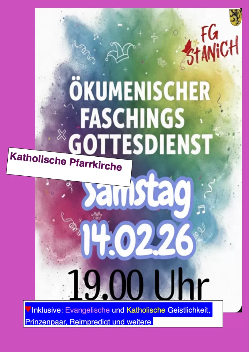 Einladung zum ökomenischen Faschingsgottesdienst am 14. Februar 2026 um 19:00 Uhr in der katholischene Pfarrkirche
