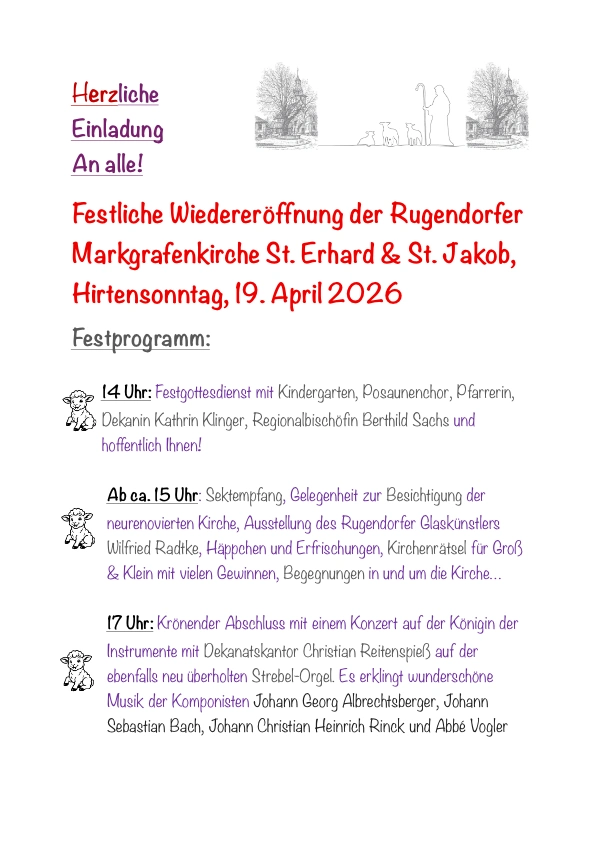 Einladung zur Wiedereröffnung der Rugendorfer Kirche am Hirtensonntag am 19. April 2026 ab 14:00 Uhr
