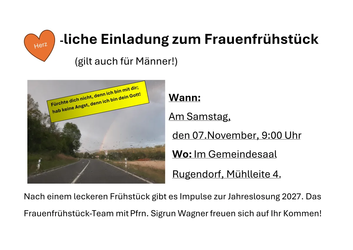 Einladung zum Frauenfrühstück am 7. November 2026 im Gemeindesaal Rugendorf